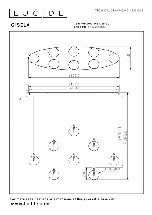Lucide GISELA - Hanglamp - LED Dimb. - 8x3,9W 2700K - Transparant | Premium - technisch